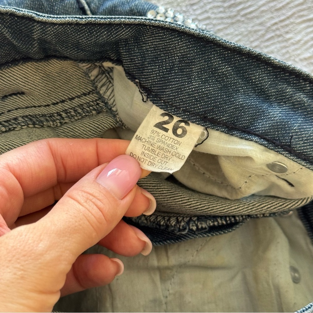 A7 Distressed Blue Jeans with Swarovski Crystals, Size 26 - Picture 8 of 12